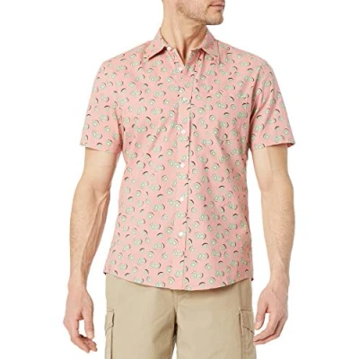 Imagen de Amazon Essentials Camisa de Corte Ceñido con Mangas Cortas, Botones y Estampado Hombre, Rosa Fruta, XL