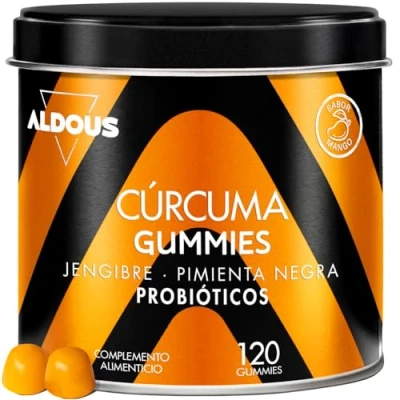 Imagen de Cúrcuma con Jengibre y Pimienta Negra + PROBIÓTICOS 2500 mg 120 Gominolas Sabor Natural a Mango Jengribre Picante Antioxidante Antiinflamatorio Fuente de Curcumina Piperina