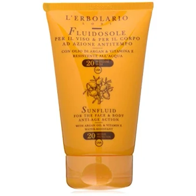 Imagen de L&#039;Erbolario Fluidosole, Crema Solar Líquida Facial y Corporal, con Aceite de Argán Vitamina E, Efecto Antiedad, Resistente al Agua, FPS 20, Tamaño 125ml