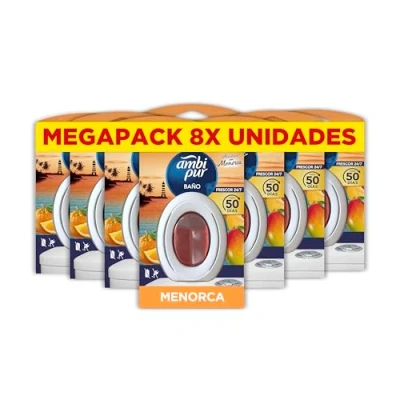 Imagen de Ambipur Ambientador Para Baño, Elimina y Previede de Malos Olores en El Cuarto Fragancia Atardecer Menorca, Pack 8 Unidades