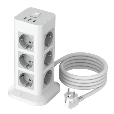 Imagen de TESSAN 12 Tomas Regletas Enchufes con USB C, Ladron Cable 2M, Torre Enchufe Multiple 2 A y 1 Regleta Proteccion Sobretension, Interruptor 3600W, Gris