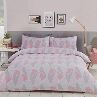 Imagen de MyHome Juego de Funda edredón para Cama Individual, diseño geométrico, Color Rosa/Gris, 1 135 x 200 cm y Almohada 50 75