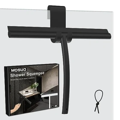 Imagen de MOSUO Rasqueta Limpiacristales para Ducha, Limpia Mamparas Ducha Cristal Silicona con Gancho, Núcleo Acero INOX Baño, Cristal, Puerta de Espejo Rasurador Ventana (Negro 28CM)