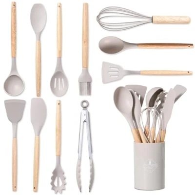 Imagen de BASVII 12 Piezas Juego de Utensilios Cocina Silicona, Fabricado en Silicona y Mangos Madera, Resistente al Calor Antiadherente, Apto para Todas Las Ollas Sartenes