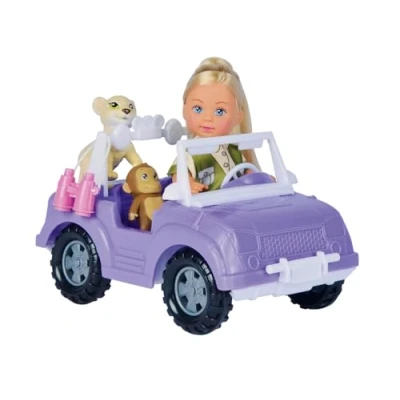 Imagen de Simba Evi Love 105733648 Muñeca de Juguete con Bonito Traje Safari Jeep, Mochila, Mono bebé, león, prismáticos, 12 cm, a Partir 3 años