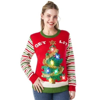 Imagen de JOYIN Navidad Mujeres Rojo Feo suéter y Bombilla Novedad LED LAGS UP LANGELEVE Tonos, Rojo, S