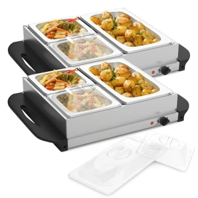 Imagen de Jago® Calentador de Buffet Set 2, Eléctrico, Portátil, Acero Inoxidable, Control Temperatura, 45 85C, Placas Calefactoras, 1x2,5L y 2x1L Bandeja para Mantener Alimentos Calientes