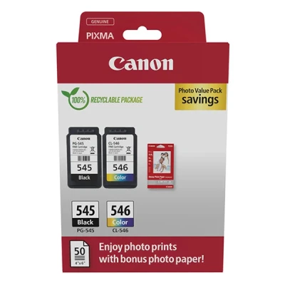 Imagen de Cartucho de tinta Canon PG 545/CL 546, 8 ml, 180 páginas por cartucho, 50 Hojas Papel Fotográfico Satinado, Negro, Color (cian, magenta, amarillo)
