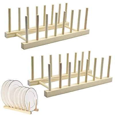 Imagen de 2 Piezas Soporte de Platos Madera, Plato Madera Bambú, Escurridor Bandeja Goteo Estante, para Colocar Vajillas, Tazas, Tablas Cortar, CD, Libros