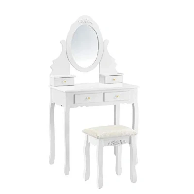 Imagen de Juego de Tocador Mesa Maquillaje con Espejo y Taburete Acolchado 141 x 75 40cm Forma Ovalada 4 Cajones Blanco