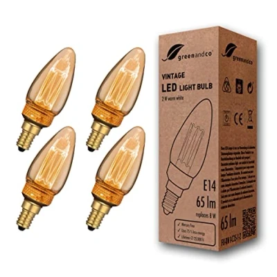 Imagen de greenandco 4x Bombilla LED decorativa estilo vintage E14 C35 2W 65lm 1800K 320 230V, dorado, sin parpadeo, no regulable
