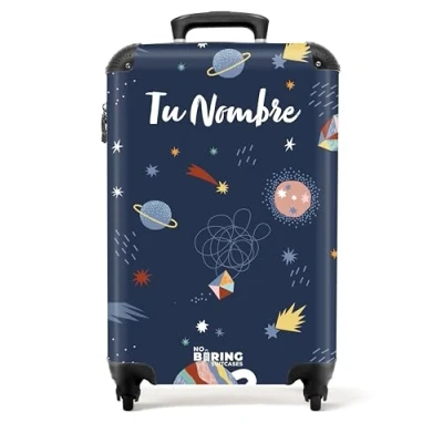 Imagen de NoBoringSuitcases.com Maleta Infantil, Niño, Trolley con Ruedas, Cabina Maletas Cabina, Equipaje de Mano, Personalizada (Patrón Planetas Azul Oscuro, 55x40x20 cm)