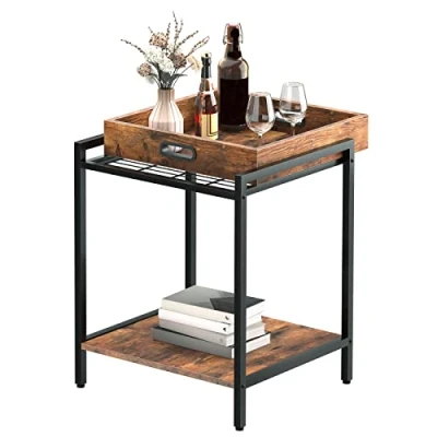 Imagen de HOOBRO Mesa Auxiliar, Mesita Auxiliar de Sofá con Bandeja Extraíble y Estantes, para Aperitivos, Estilo Industrial, Sala Estar o Dormitorio, Estable, Marrón Vintage EBF45BZ01
