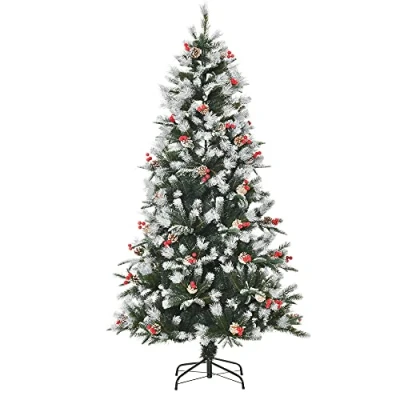 Imagen de HOMCOM Árbol de Navidad Artificial 180 cm con 678 Ramas 53 Piñas y Bayas Hojas PVC PE Base Plegable Soporte Metálico Decoración Navideña para Interiores Verde