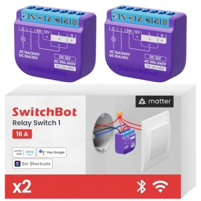 Imagen de SwitchBot Matter interruptor de relé 1, módulo inteligente, Wi Fi y Bluetooth compatible con Alexa/Apple HomeKit/Google Home, 2.4GHz, 16A Paquete 2