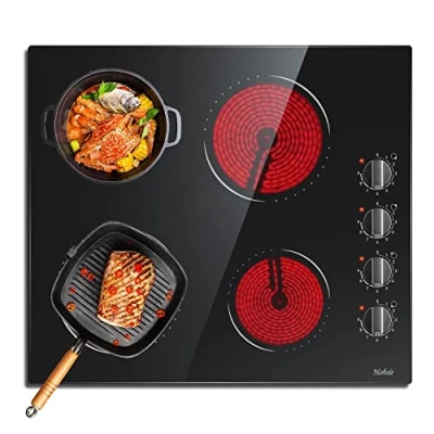 Imagen de Hobsir Placa Vitrocerámica 4 Fuegos 59cm, Control de Perilla, 9 Niveles Potencia, Superficie Cristal Negro, Seguro para niños, Sin Enchufe（6000W）