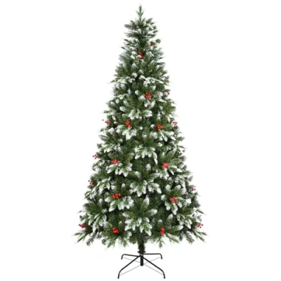 Imagen de Uten Árbol de Navidad Artificial 225 cm, Lujo PE Nieve Decoración Interiores, 1150 Aspecto Natural Puntas PVC y PE, 37 Grupo Bayas Rojas, Rama Bisagra, Base Metal, Reutilizable