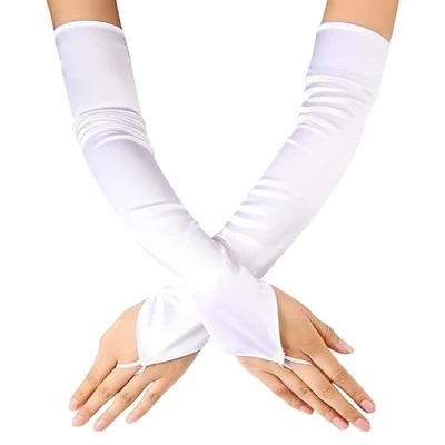 Imagen de 1 par de guantes con gancho para dedos, mujer, largos, sin suaves, largos elásticos, elegantes satén (blanco)
