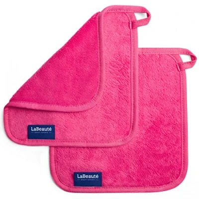 Imagen de LaBeauté Toalla desmaquillante cara 2 unidades Limpieza facial y microfibra lavable reutilizable 21x21cm Rosado