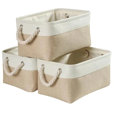 Imagen de Mangata Caja de almacenaje, cestas almacenaje Tela, Plegable Cajas organizadoras para Ropa, Juguetes, armarios (Pequeña, Juego 3, Blanco Caqui Claro)