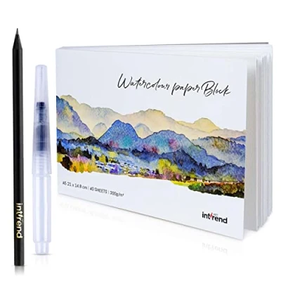 Imagen de int!rend papel de acuarela A5, 300 g, 40 páginas, bloque acuarela, incluye pincel para tanque agua y lápiz, profesional gouache