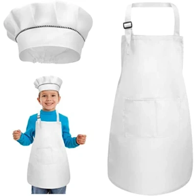 Imagen de 1 Set Niños Delantal y Gorro Cocinero, Delantales Blancos Niños, Ajustables Chef Pequeños, Hornear, Muchachas Cocina Infantil con 2 Bolsillos Para 3 a 6 Años