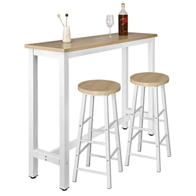 Imagen de WOLTU Set Mesa de Bar y 2 uds. Taburete Muebles Cocina Silla Comedor para Salon 140x40x100 cm Estructura Metal, MDF Roble Claro BT30hei+BH130hei