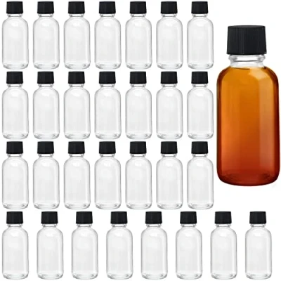 Imagen de BELLE VOUS Set Botellas de Licor Miniatura (Pack 30) Botella Reutilizable Vidrio 30 ml Frascos Vacíos con Tapa Negra Rosca Mini Fáciles Llenar para Bodas y Fiestas