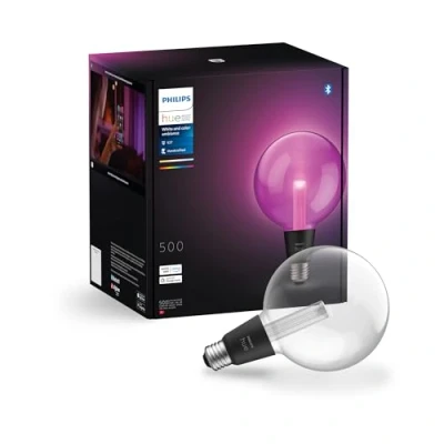 Imagen de Philips Hue Bombilla inteligente Lightguide, formato G125, filamento de colores, luz blanca y color, compatible con Bluetooth, control por voz Alexa, Apple Home Google Assistant