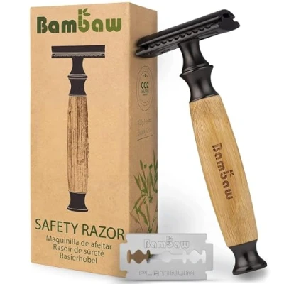 Imagen de Bambaw Maquinilla de Afeitar Clásica con Cuchilla Clásica, Afeitado Manual para Barba y Cuerpo, Safety Razor Mango Bambú