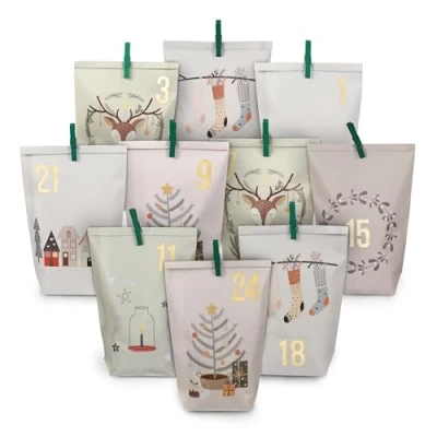 Imagen de Extravagante calendario de Adviento para rellenar con 24 bolsas regalo colores pastel y pegatinas números clips motivo Hygge hacer manualidades regalar Navidad