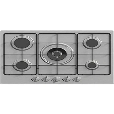 Imagen de Hisense GM772XF Placa de cocción a gas, 5 zonas cocción, anchura 70 cm, quemador Wok doble corona y rejillas esmaltadas, encendido integrado, inoxidable antihuellas