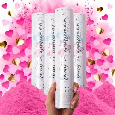 Imagen de PrimePure Cañónes de Confeti para Revelacion Genero Bebe Polvo Biodegradable y Cañón en Forma Corazón Rosa, Pack 4 Gender Reveal Confetti Cannon Anunciar Bebé Niña