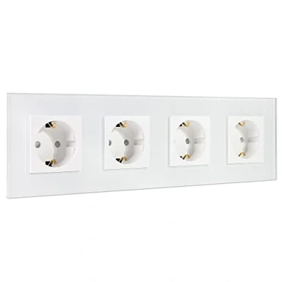 Imagen de Navaris Cubierta de cristal con enchufes Placa triple para pared 4x enchufe europeo Tapa empotrable toma 29.9 x 6. 3.9 CM Blanco