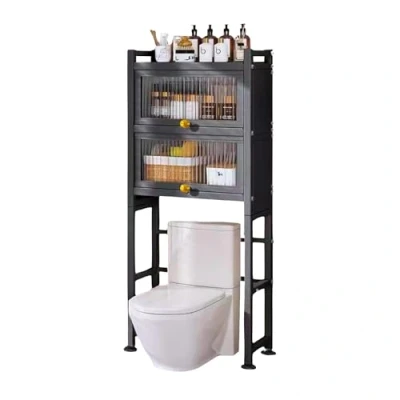 Imagen de MAGIC SELECT Estantería sobre Inodoro con Puertas Abatibles Estante de WC Organizador Multiusos Almacenamiento Baño Ahorra Espacio 3 Niveles Patas Ajustables en Altura.