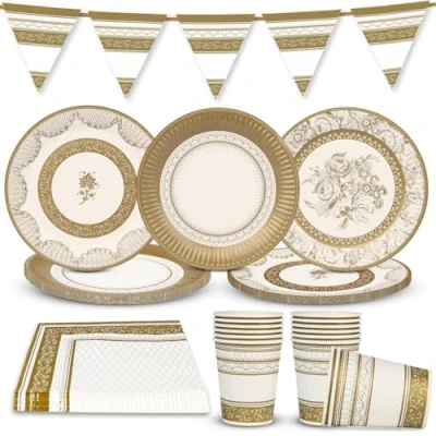 Imagen de Talking Tables Gold and White Party Pack Decorations for 16 Guests, Christmas, Afternoon Tea, Supplies, Reversible Bunting, Paper Plates, Disposable Napkins, Cups, Table Cover