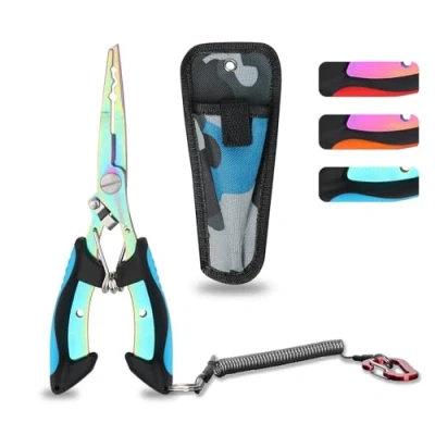 Imagen de supregear Alicates de Pesca Multicolor Acero Inoxidable, Herramienta con Anilla Partida, Removedor Anzuelos, Cortador Líneas, Funda, Lanyard, Equipo Resistente al Agua Salada, Azul