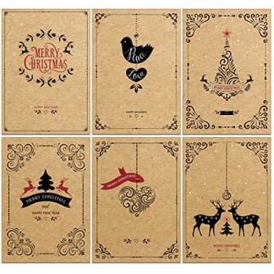 Imagen de 36 tarjetas de Navidad recicladas, ecológicas, contemporáneas color Kraft marrón