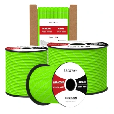 Imagen de Brotree Paracord 3mm 15M Cuerda 100% Nylon Tipo II 3 Hebras 425 para Exterior, Bricolaje 192 kg Carga de Rotura (Reflectante Verde Neón)