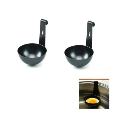 Imagen de 2 tazas escalfadoras de huevos, moldes acero inoxidable para huevos escalfados con diseño gancho, máquina negros, utensilio duradero escalfados, desayuno