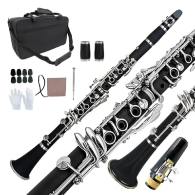 Imagen de WUQIMUSC Clarinete Bb para estudiante Madera de Ebonita B Flat 17 teclas Niquelado Principiante Set 2 Barriles con Guantes Paño Limpieza Instrumento Musical Orquesta Negra