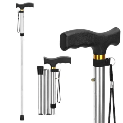 Imagen de supregear Bastón Plegable Altura Ajustable, Ligero y Portátil, Ayuda de Movilidad para Caminar con Estabilidad, Hombres Mujeres, Plata