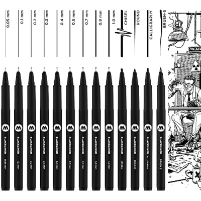 Imagen de Molotow Blackliner Complete Juego de 13 rotuladores punta fina (grosor trazo 0,05 mm a 1,0 y puntas especiales, tinta permanente, unidades), color negro