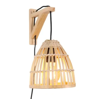 Imagen de Alpinaluz Aplique de Pared con Cable Enchufe e interruptor Pantalla Bambú Mimbre y Base Madera, Estilo Rústico Nórdico Casquillo E27 para Salón Cabecero