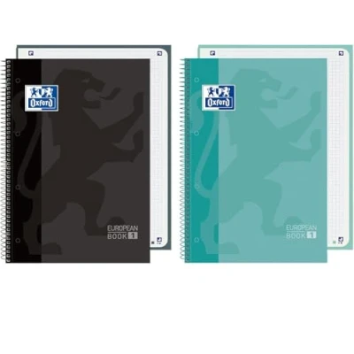 Imagen de Oxford, Cuadernos A4, Pack 2 Libretas A4 Microperforadas Europeanbook 1, Tapa Extradura, Espiral, Cuadrícula 5x5, Color Ice Mint y Negro