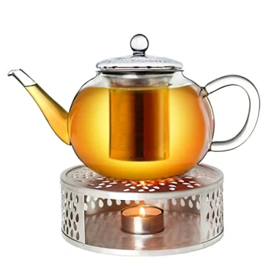 Imagen de Creano Tetera de vidrio 1600ml + un calentador acero inoxidable, 3 piezas, con colador inoxidable integrado y tapa vidrio, ideal para preparar tés sueltos