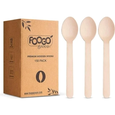Imagen de FOOGO Green Set de 150 Cucharas Madera Desechables, Certificado FSC®, 16 cm, Compostables, para Picnic y Eventos, Cubiertos Bambú