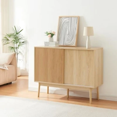 Imagen de [en.casa] Aparador Landskrona con 4 Compartimentos Cerrados Mueble de TV 2 Puertas Correderas Tablero Rectangular Armario Multiusos MDF Aglomerado 115 x 40 90 cm Efecto Roble
