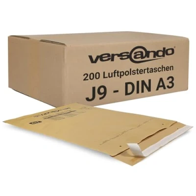 Imagen de versando 200 sobres acolchados I9/J9, dimensiones interiores 300 x 445 mm, exteriores 320 455 color marrón/amarillo dorado para DIN A3