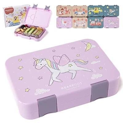 Imagen de BEARFOOT fiambrera para niños con compartimentos, sin BPA, fiambrera, bento, panera, niñas y niños, jardín de infancia (Unicornio Morado)